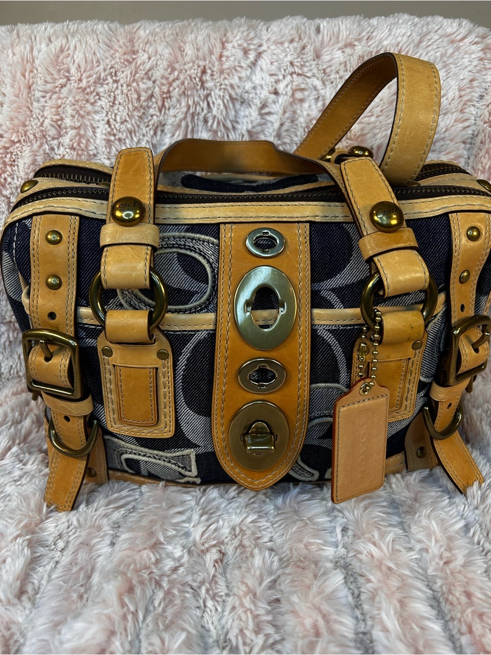 Coach Lily Signature Canvas Denim Satchel in Tan legacy lined 65th anniversary
